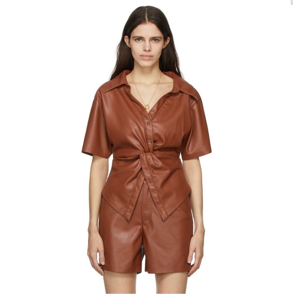 Nwt Womens House Of Harlow 1960 Brown Vegan Leather 1/2 Button Down Blouse S